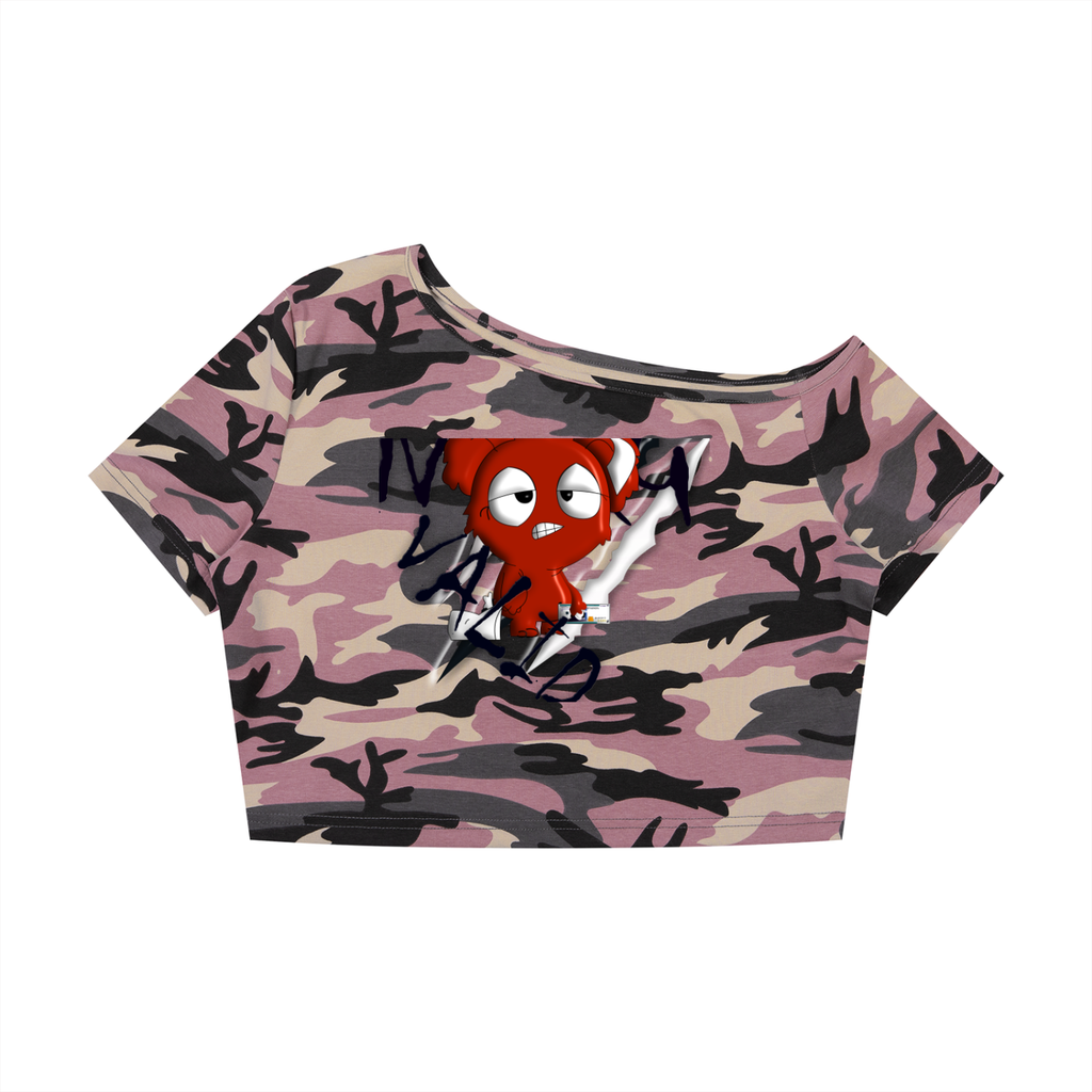 Loopy Lavi Women's Camo Off-Shoulder Crop T-Shirt