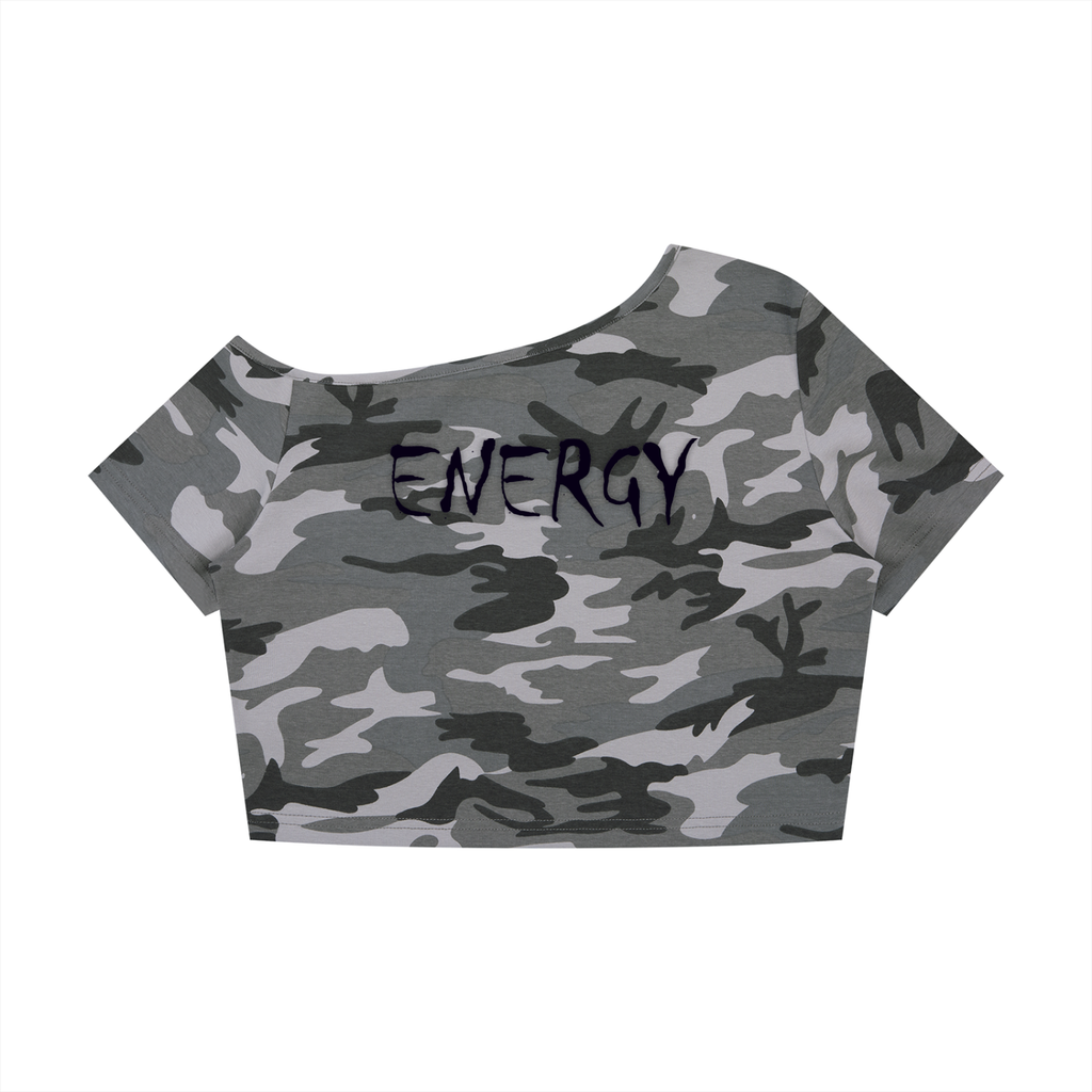 Loopy Lavi Women's Camo Off-Shoulder Crop T-Shirt