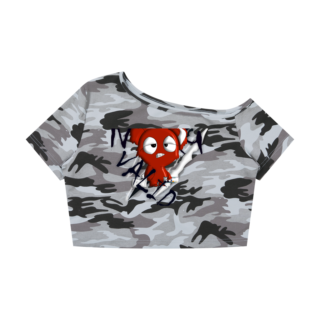 Loopy Lavi Women's Camo Off-Shoulder Crop T-Shirt
