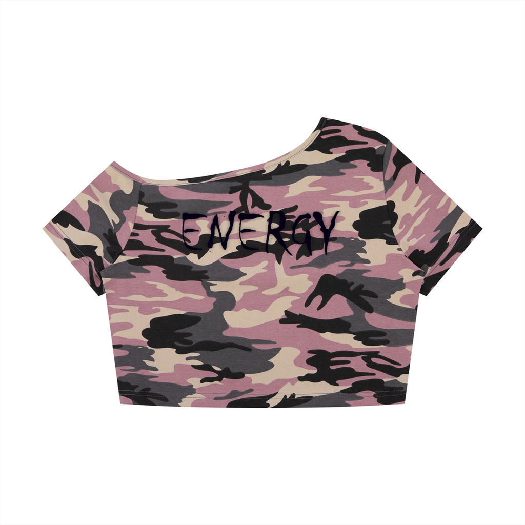 Loopy Lavi Women's Camo Off-Shoulder Crop T-Shirt