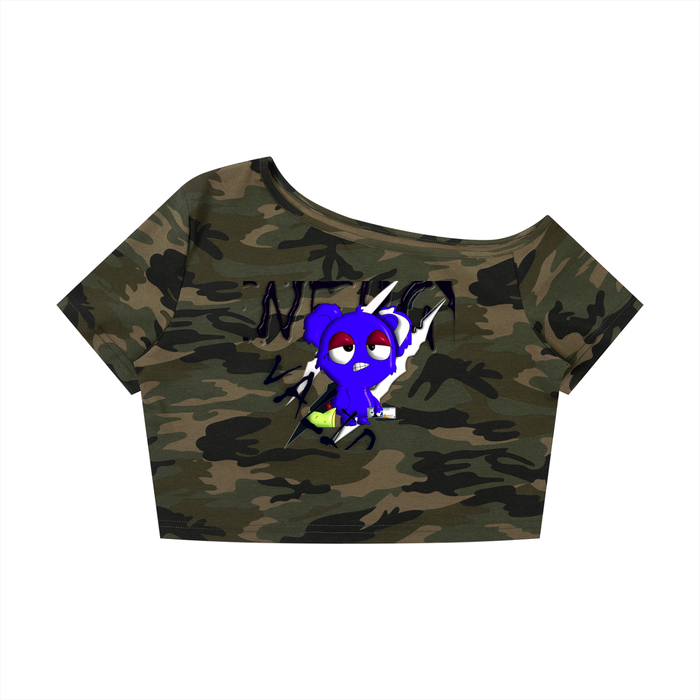 Loopy Lavi Women's Camo Off-Shoulder Crop T-Shirt