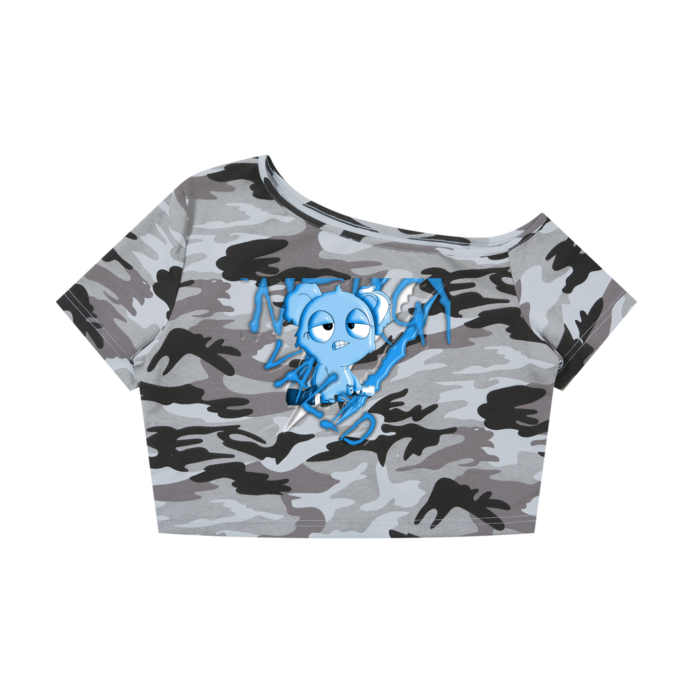 Loopylavi’s Women's Camo Off-Shoulder Crop T-Shirt