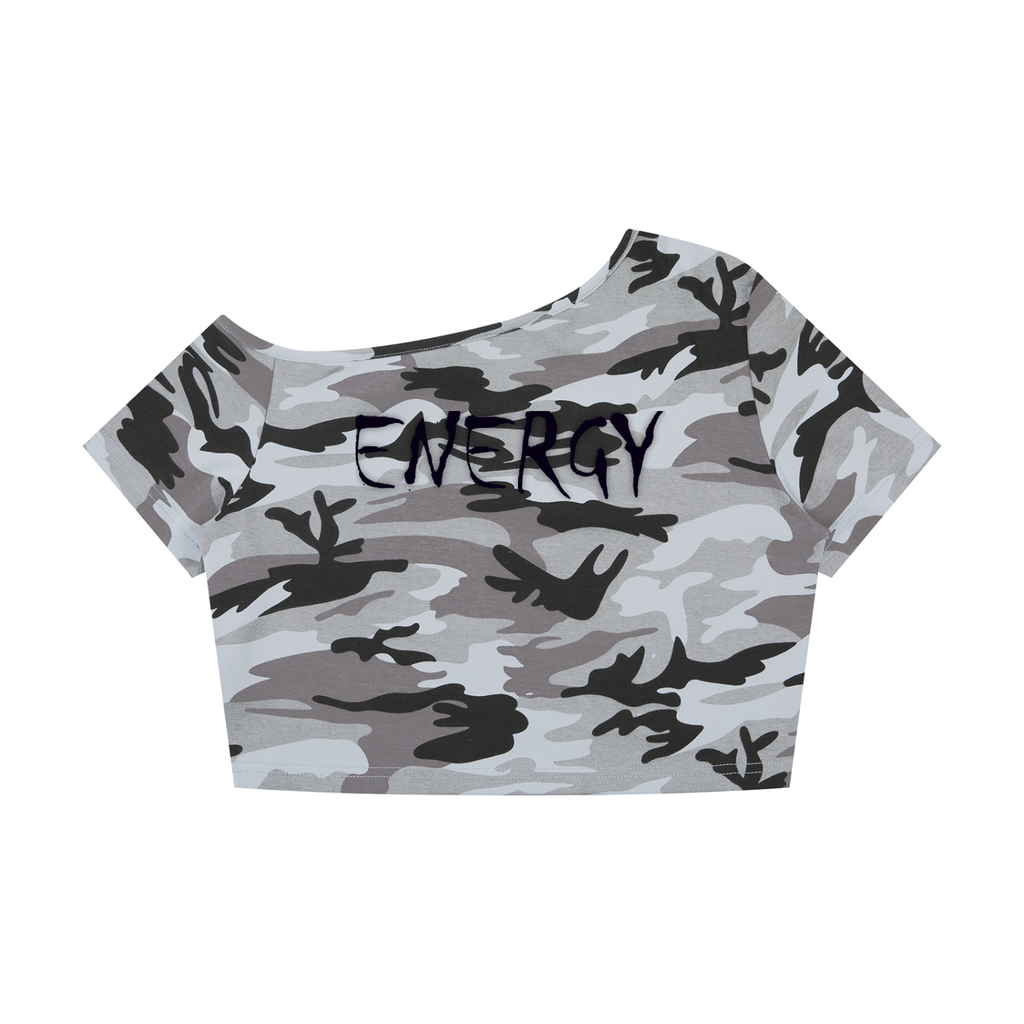 Loopy Lavi Women's Camo Off-Shoulder Crop T-Shirt