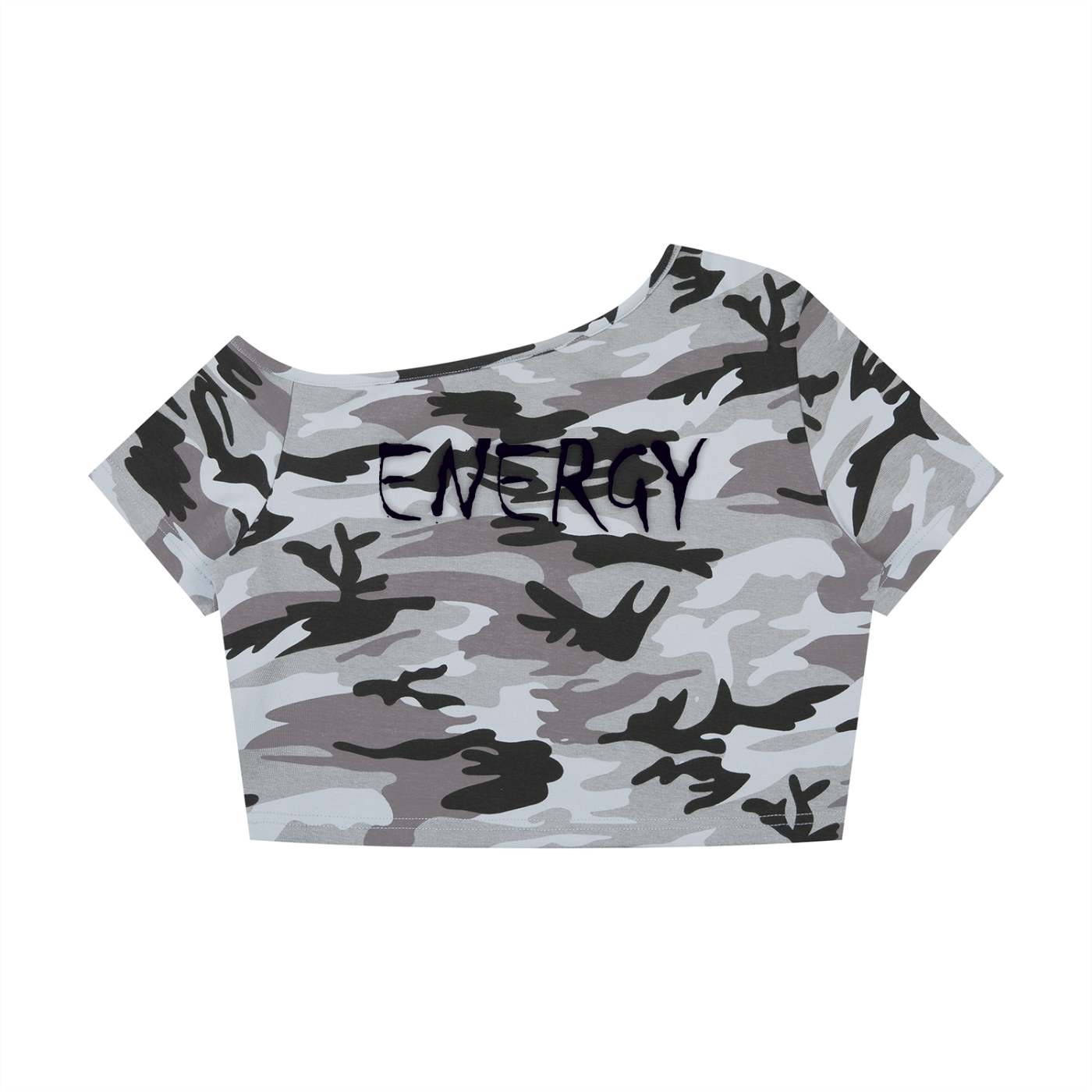 Loopy Lavi Women's Camo Off-Shoulder Crop T-Shirt