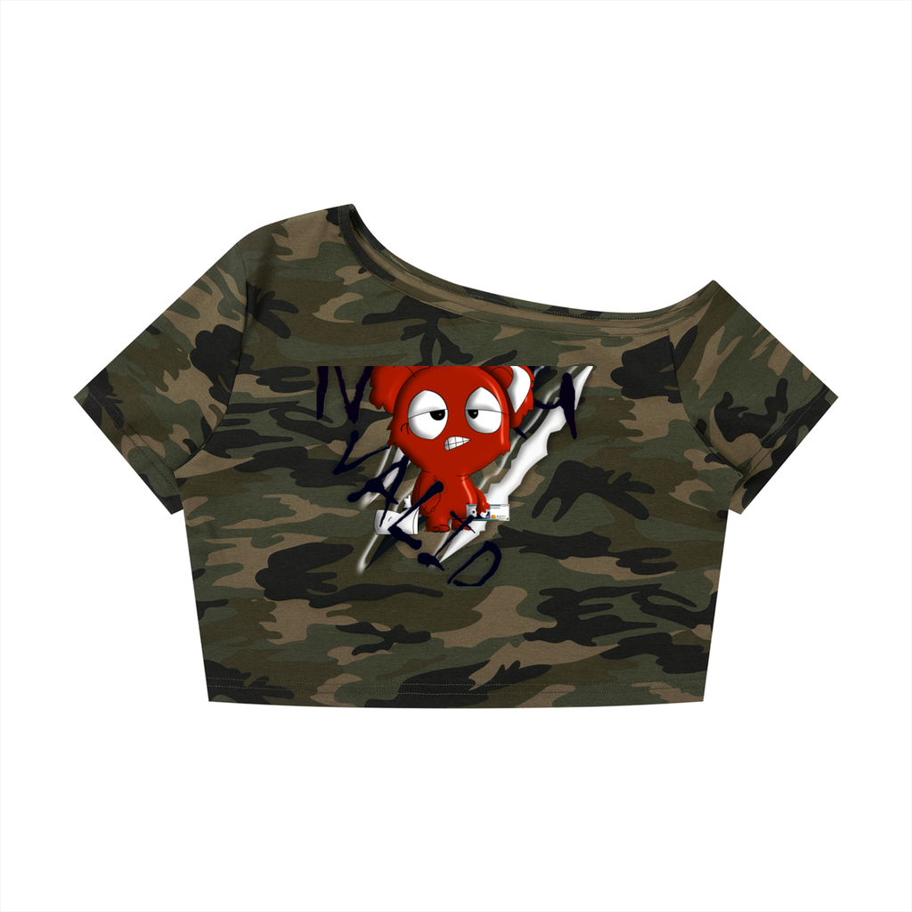 Loopy Lavi Women's Camo Off-Shoulder Crop T-Shirt