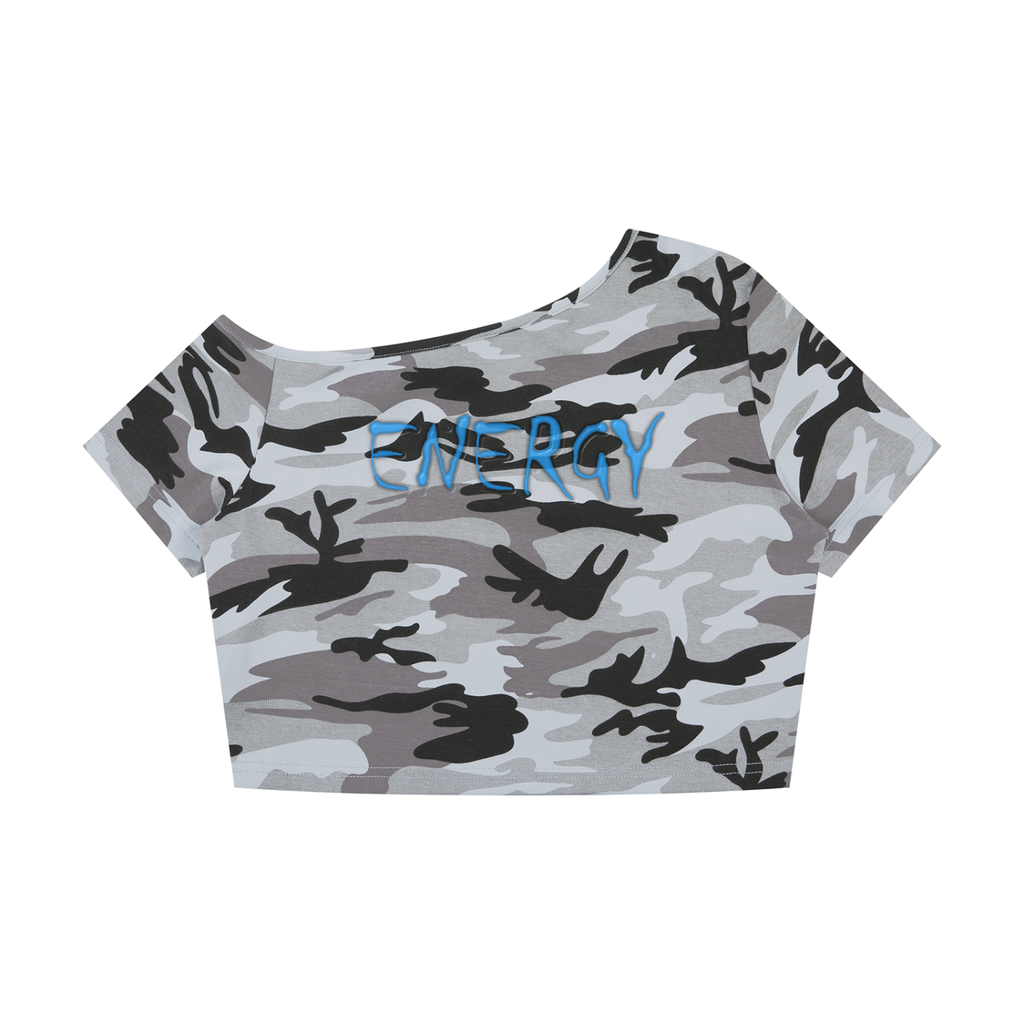 Loopylavi’s Women's Camo Off-Shoulder Crop T-Shirt