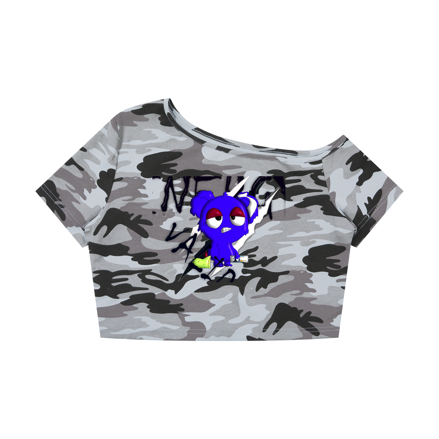 Loopy Lavi Women's Camo Off-Shoulder Crop T-Shirt