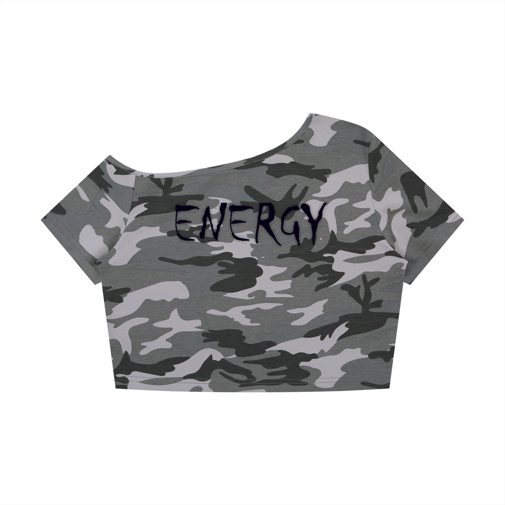 Loopy Lavi Women's Camo Off-Shoulder Crop T-Shirt