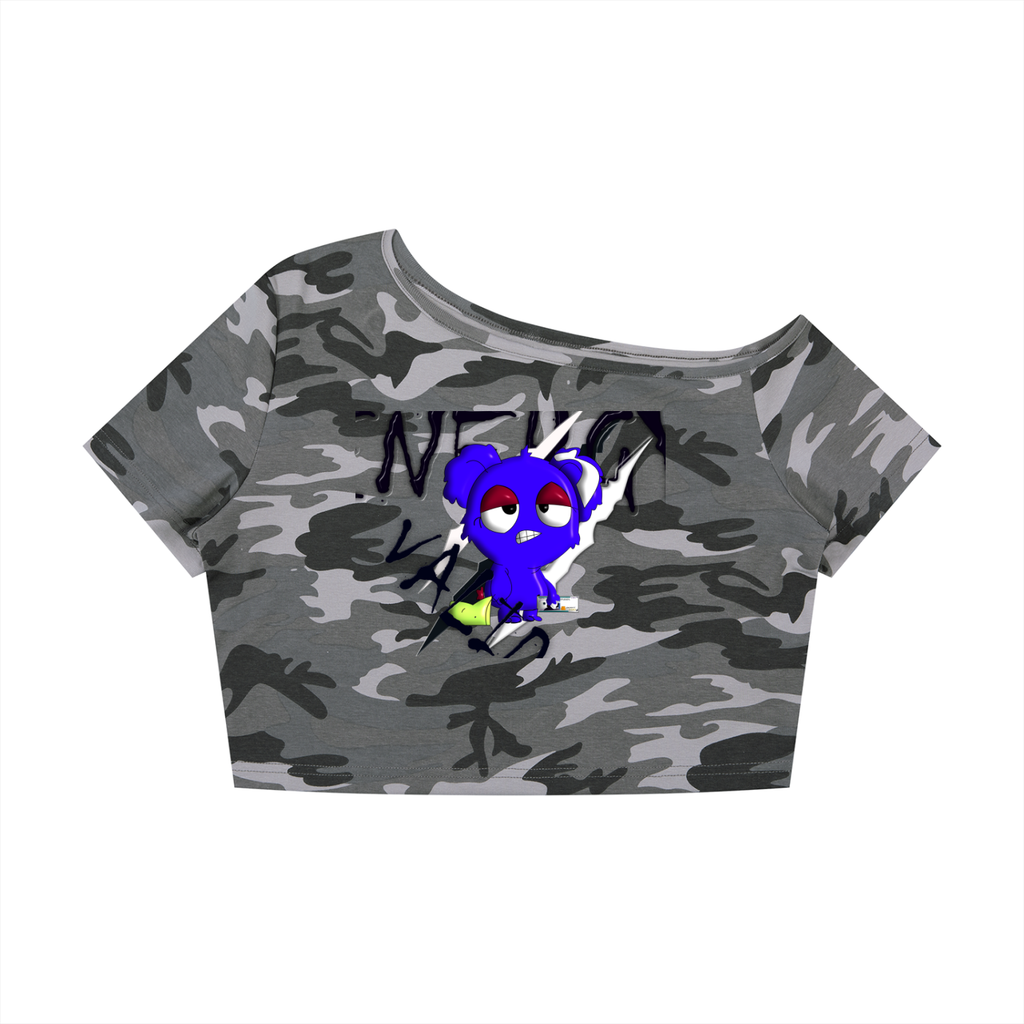 Loopy Lavi Women's Camo Off-Shoulder Crop T-Shirt