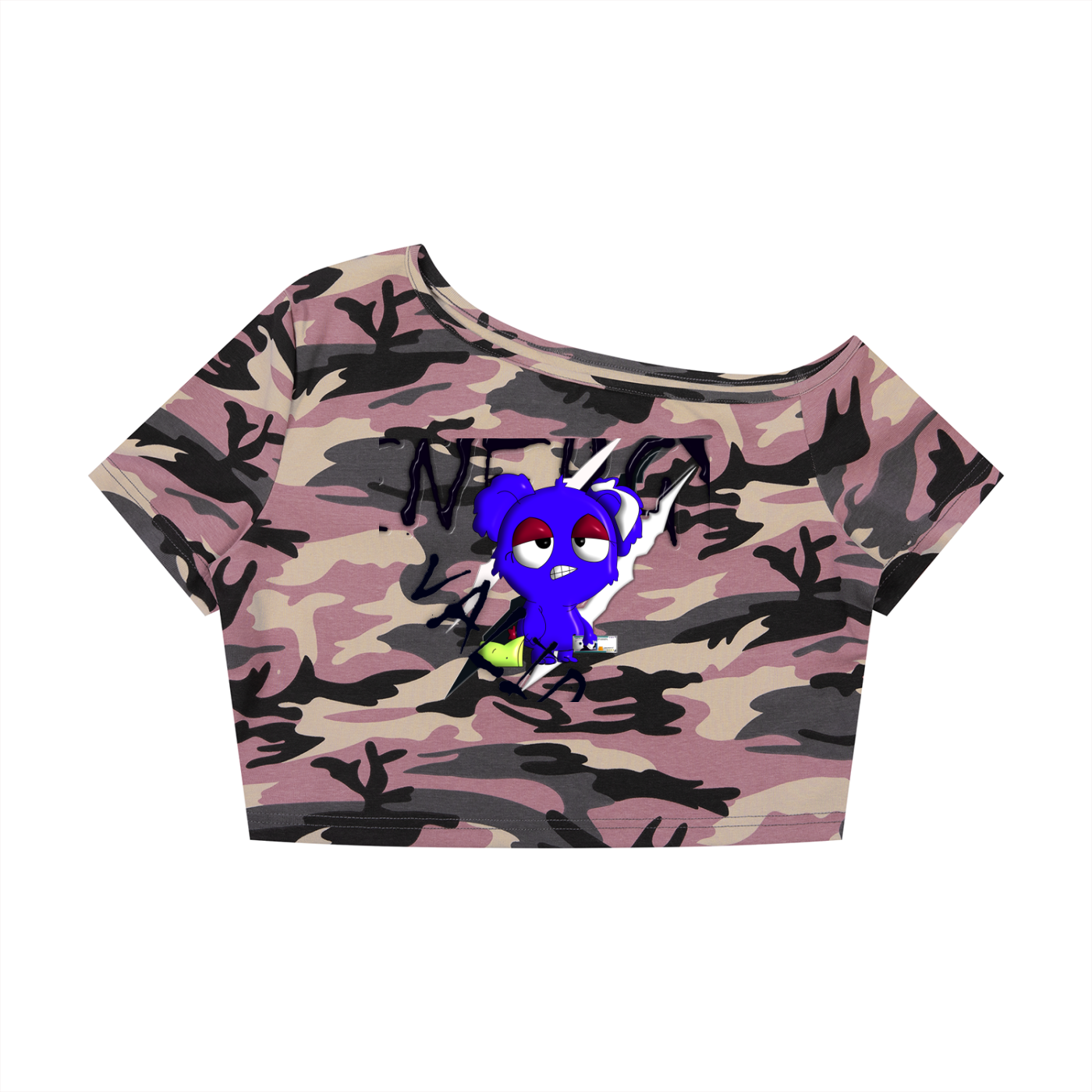 Loopy Lavi Women's Camo Off-Shoulder Crop T-Shirt